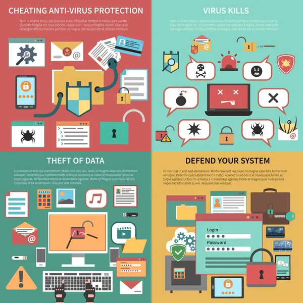 Composición de iconos planos cuadrados de seguridad informática — Vector de stock