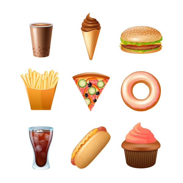 Fast food menü düz Icons set — Stok Vektör