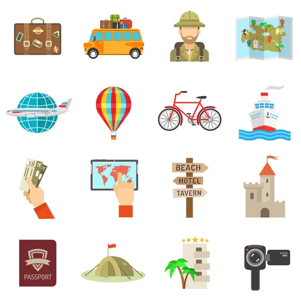 Iconos de viaje plana — Vector de stock