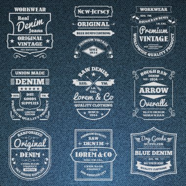 Denim jeans tipografi logo amblem seti
