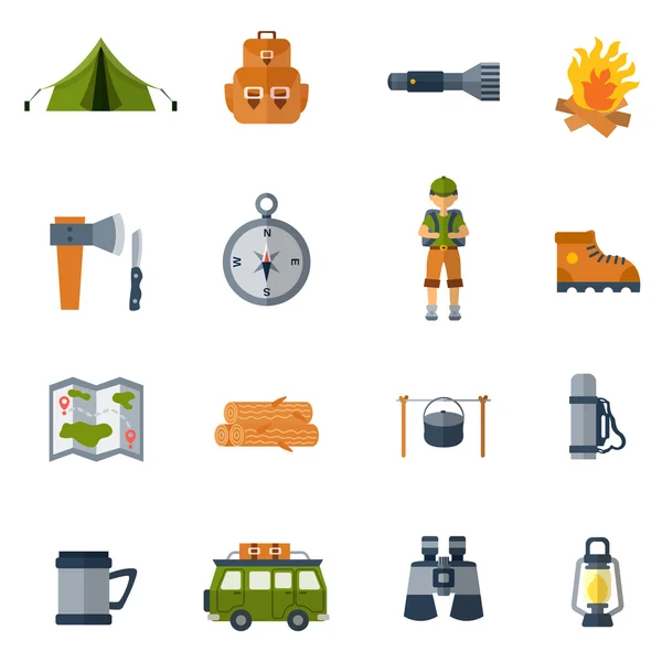 Camping apartamento iconos conjunto — Vector de stock