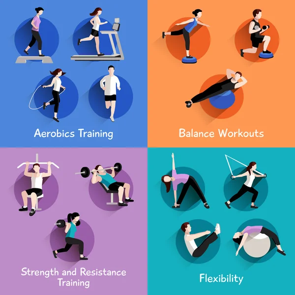 Fitness 4 iconos planos banner cuadrado — Vector de stock