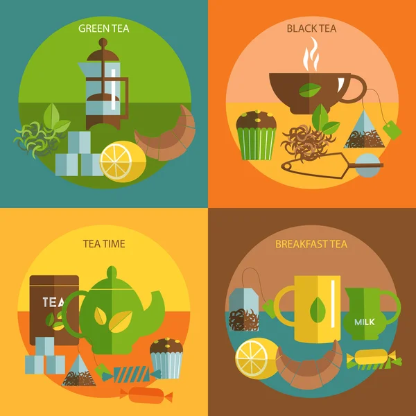 Hora del té 4 iconos planos composición cuadrada — Vector de stock