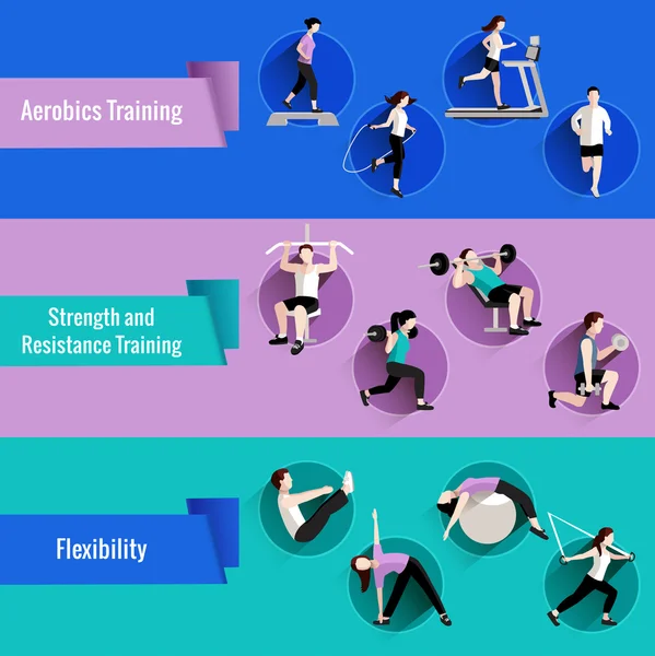 Gimnasio personas pancartas planas conjunto — Vector de stock