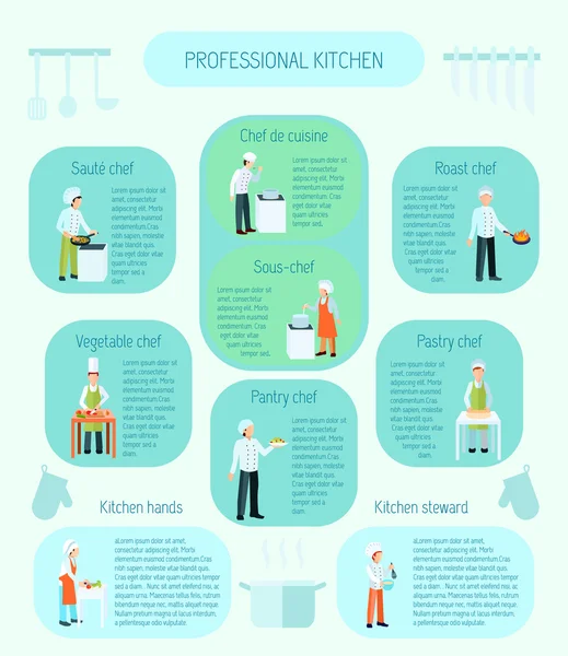 Cucine professionali a colori piatti Infografica — Vettoriale Stock