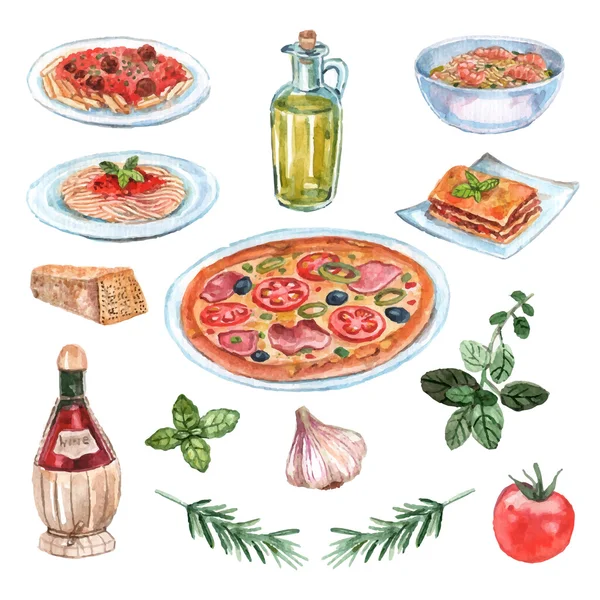 Ensemble d'aquarelle alimentaire italienne — Image vectorielle