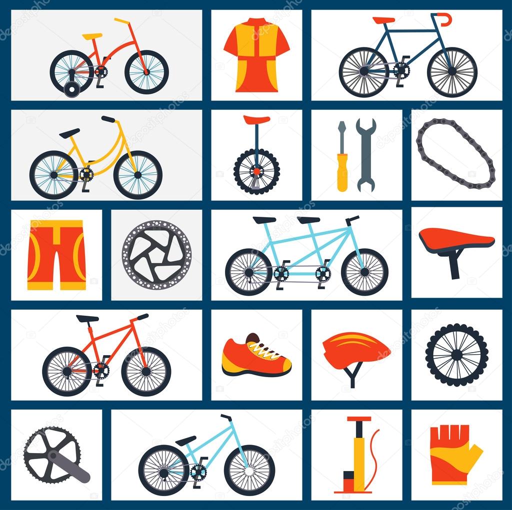 Bicycle accessories flat icons set 