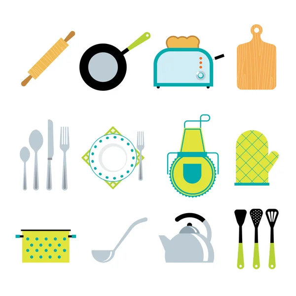 Accesorios de herramientas de cocina iconos planos conjunto — Vector de stock