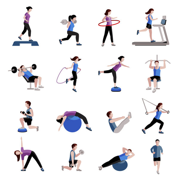 Fitness men women flat icons set