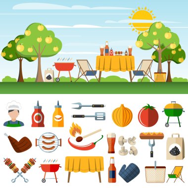 Barbecue picnic icons compostion banners clipart