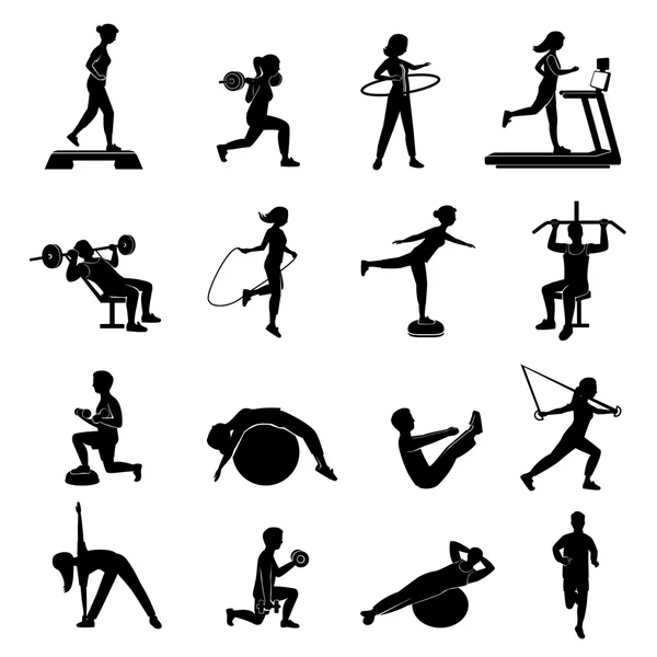 Fitness men women blackicons set — Stock Vector