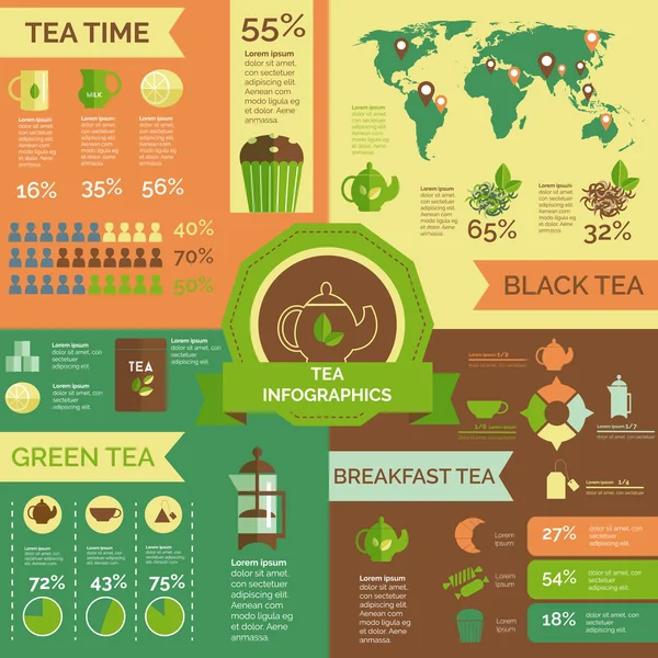 Çay tüketimi dünya geniş Infographic düzeni — Stok Vektör