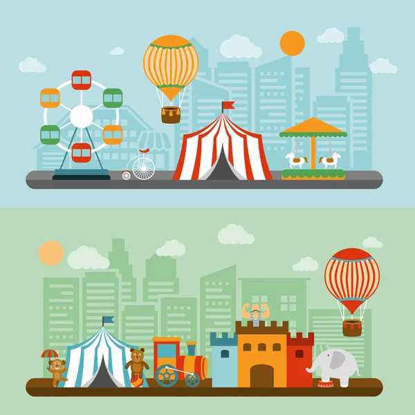 Conjunto de pancartas planas Circo en la ciudad — Vector de stock