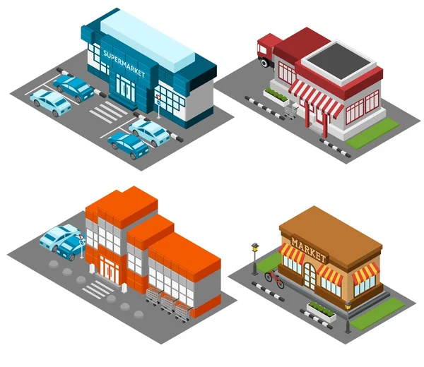 Supermarket stores buildings isometric icons set — Stock Vector