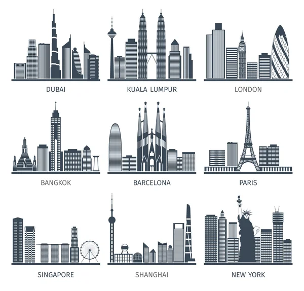 Ciudad skyline negro iconos conjunto — Vector de stock