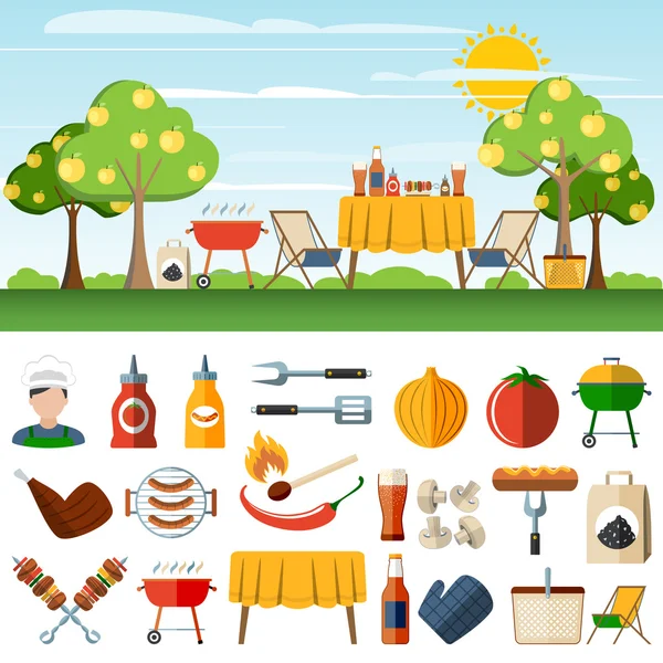 Barbecue picnic icone banner di compostaggio — Vettoriale Stock