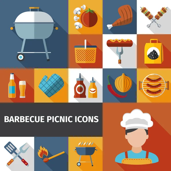 Barbecue picnic flat icons set — Stock Vector
