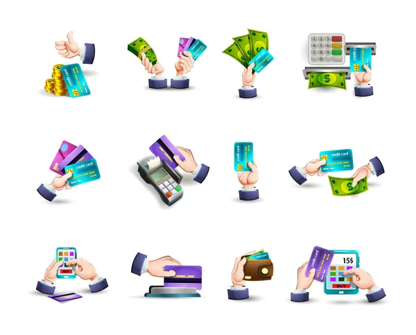 Mãos conjunto de ícones de pagamento cartão de crédito —  Vetores de Stock
