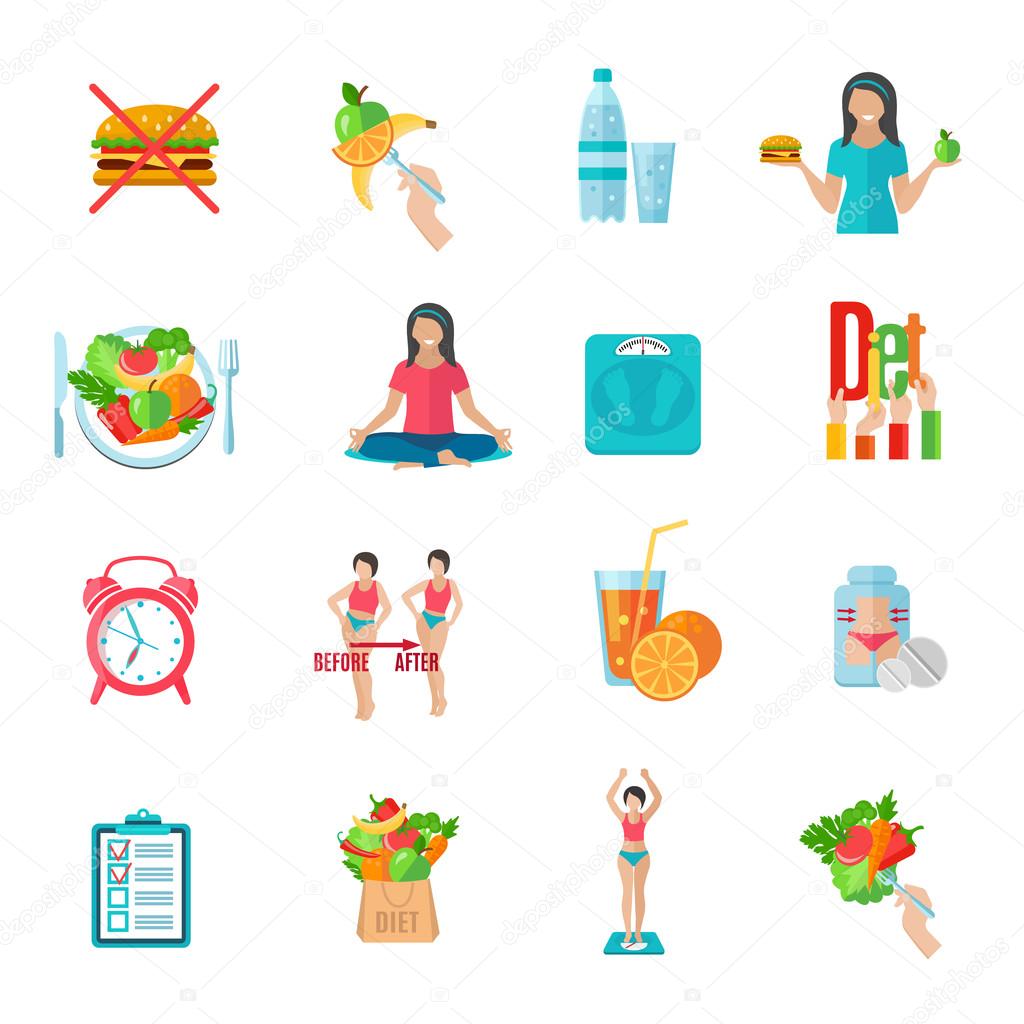 Weight loose diet flat icons set