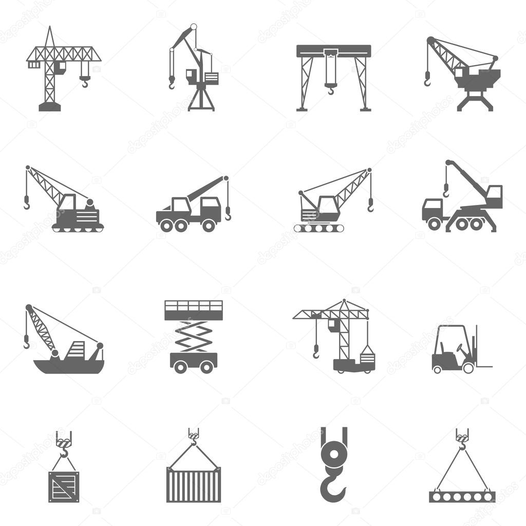 Building construction crane black icons set