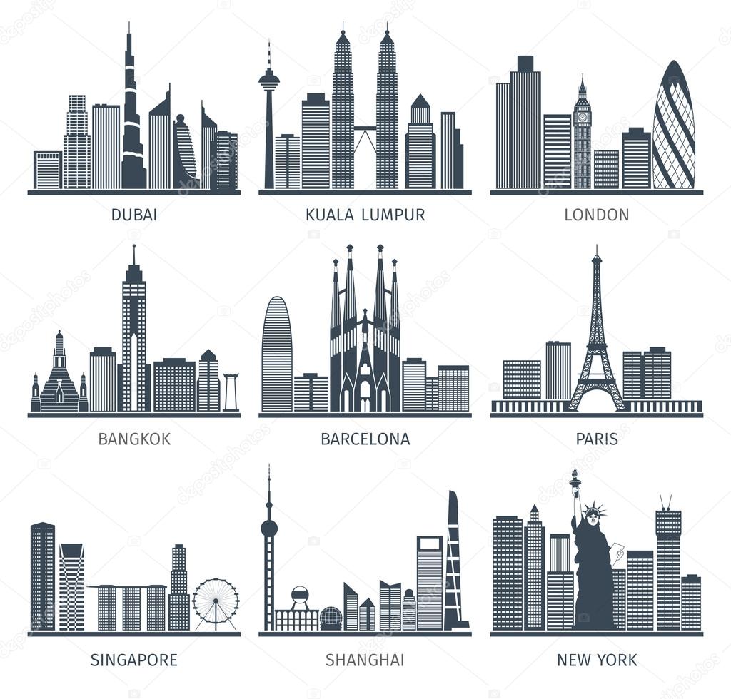 City skyline black icons set