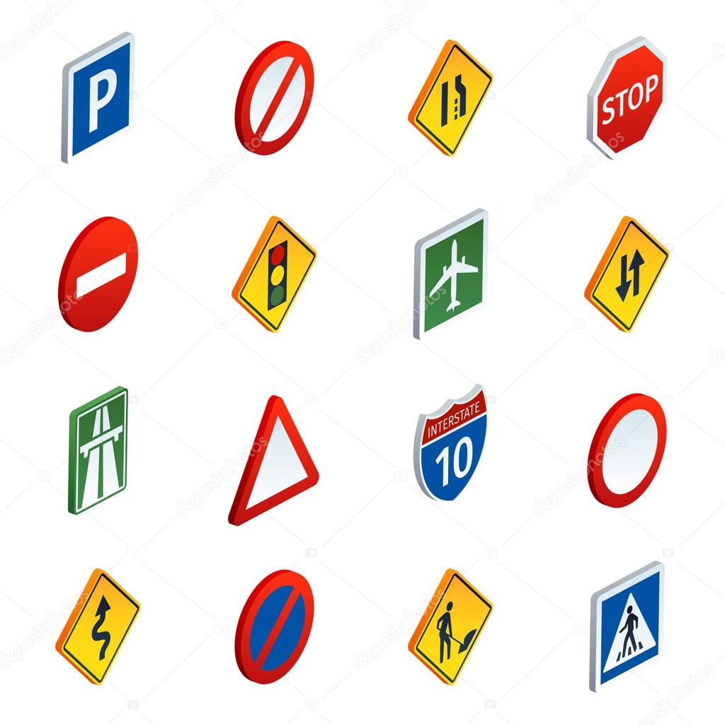 Road traffic signs isometric icons set 