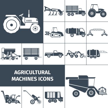 Agricultural Machinery Black White Icons Set clipart