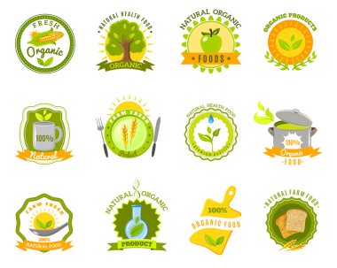 Organic food brands labels templates set flat