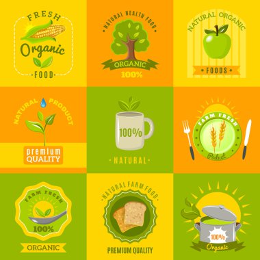 Natural food emblems flat icons set