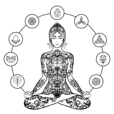 Dekoratif lotus yoga kadın siyah simgesi