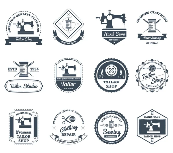 Tailor shop black labels icons set — Stock Vector