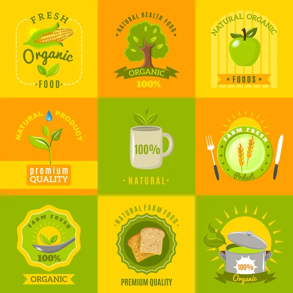 Natural food emblems flat icons set — Stok Vektör