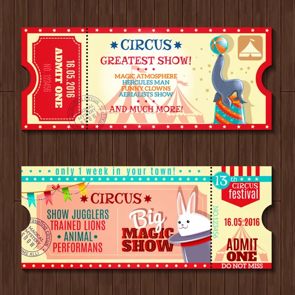 Cirque spectacle deux billets vintage ensemble — Image vectorielle