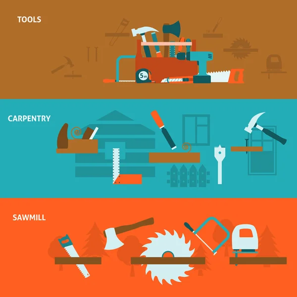 Outils de menuiserie bannières plates ensemble — Image vectorielle