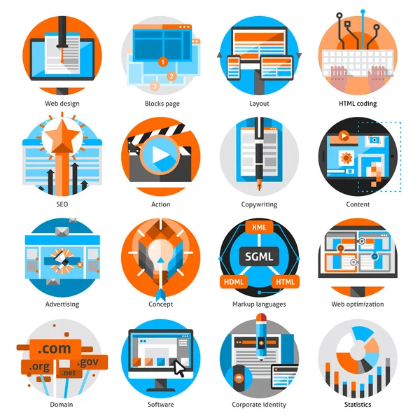 Conjunto de ícones redondos de trabalho online criativo —  Vetores de Stock