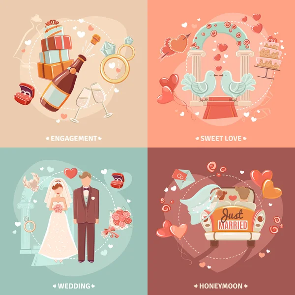 Wedding concept 4 flat icons square — Stock Vector
