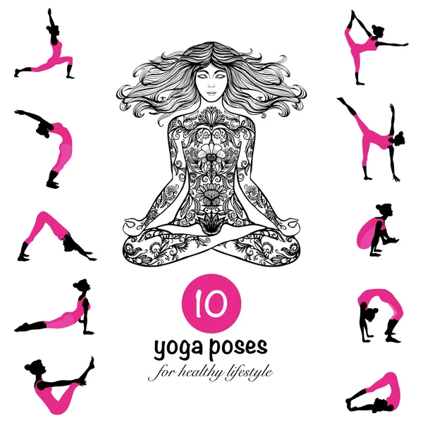 Yoga houdingen asana's pictogrammen samenstelling poster — Stockvector