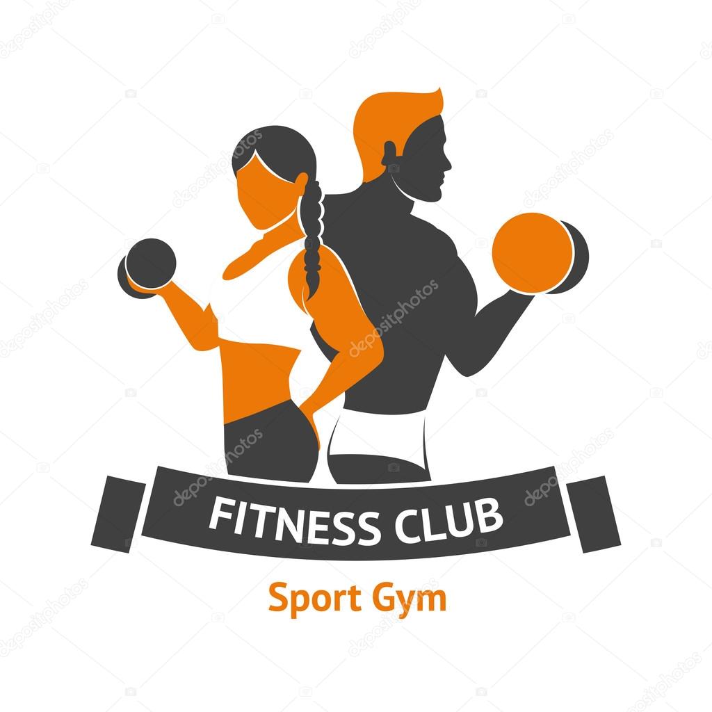 Fitness club logo template with male and female silhouettes with dumbbells vector illustration