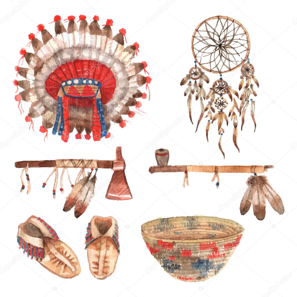 American native objects pictograms set watercolor