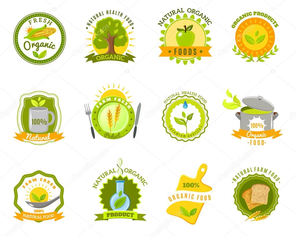 Organic food brands labels templates set flat