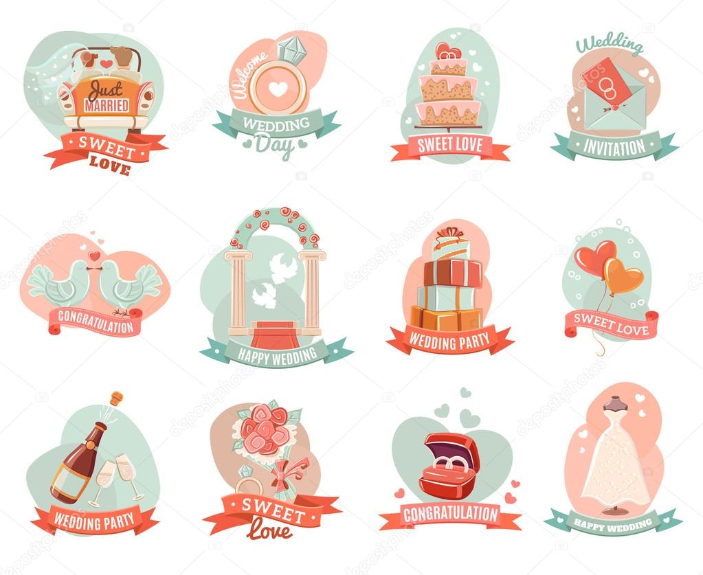 Wedding marriage engagement emblems stickers set