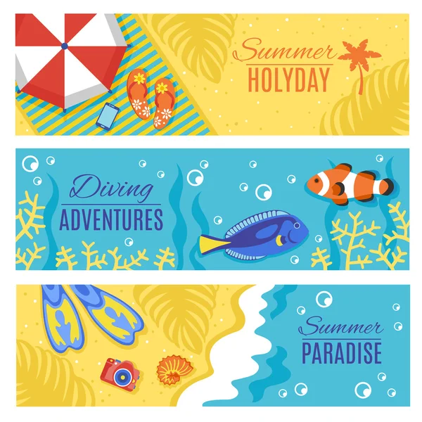 Vacanze estive set banner orizzontali per vacanze — Vettoriale Stock