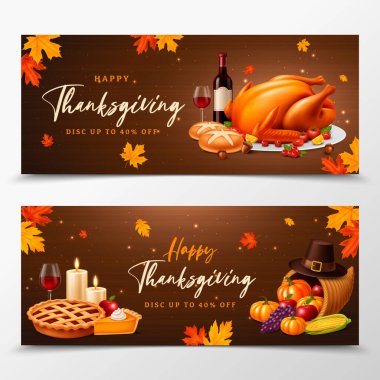 Kızarmış hindi kabağı turtası, şarap mumları ve Şükran Günü için sonbahar süslemeleri içeren iki geniş pankart seti gerçekçi bir tarzda sunuldu.