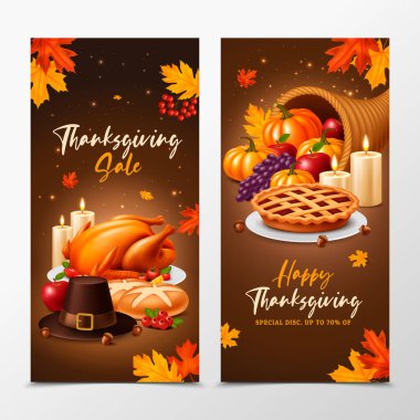 İki dikey pankart ve kavrulmuş hindi kabağı turtası mumları ve sonbahar yaprakları Şükran Günü 'nü ve tatil indirimlerini gerçekçi bir şekilde kutluyor.