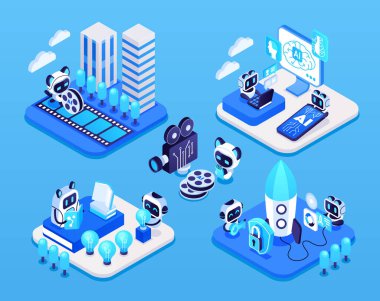 Several compact modules each featuring robots, AI symbols, circuit elements, interface icons or lightbulbs arranged in small isometric compositions in isometric cartoon style