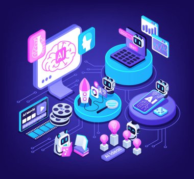 A multiscene layout showing AI robots data visualizations film reels and lightbulb icons arranged in isometric space with purple and teal accents in isometric cartoon style