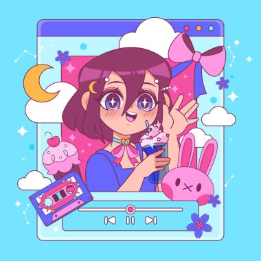 Portrait of an anime girl surrounded by decorative motifs like stars flowers and hearts in soft colors in cartoon style