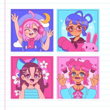 Renkli kare portrelerin içinde dört anime kızın yer aldığı bir resim. Temalı arka planda yıldızlar, çiçek kekleri ve çizgi film tarzında tavşancık da var.