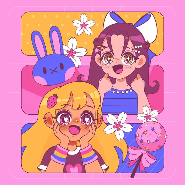 İki anime kız yan yana dizilmiş kek yıldızları ve çizgi film tarzında eğlenceli mizansen ikonlarıyla.