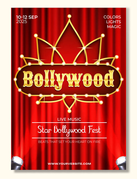 A vertical poster showing a glowing Bollywood marquee framed by red curtains and spotlight accents in realistic style